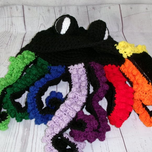 Black and Rainbow Crochet Octopus Hat Adult Size main image 8